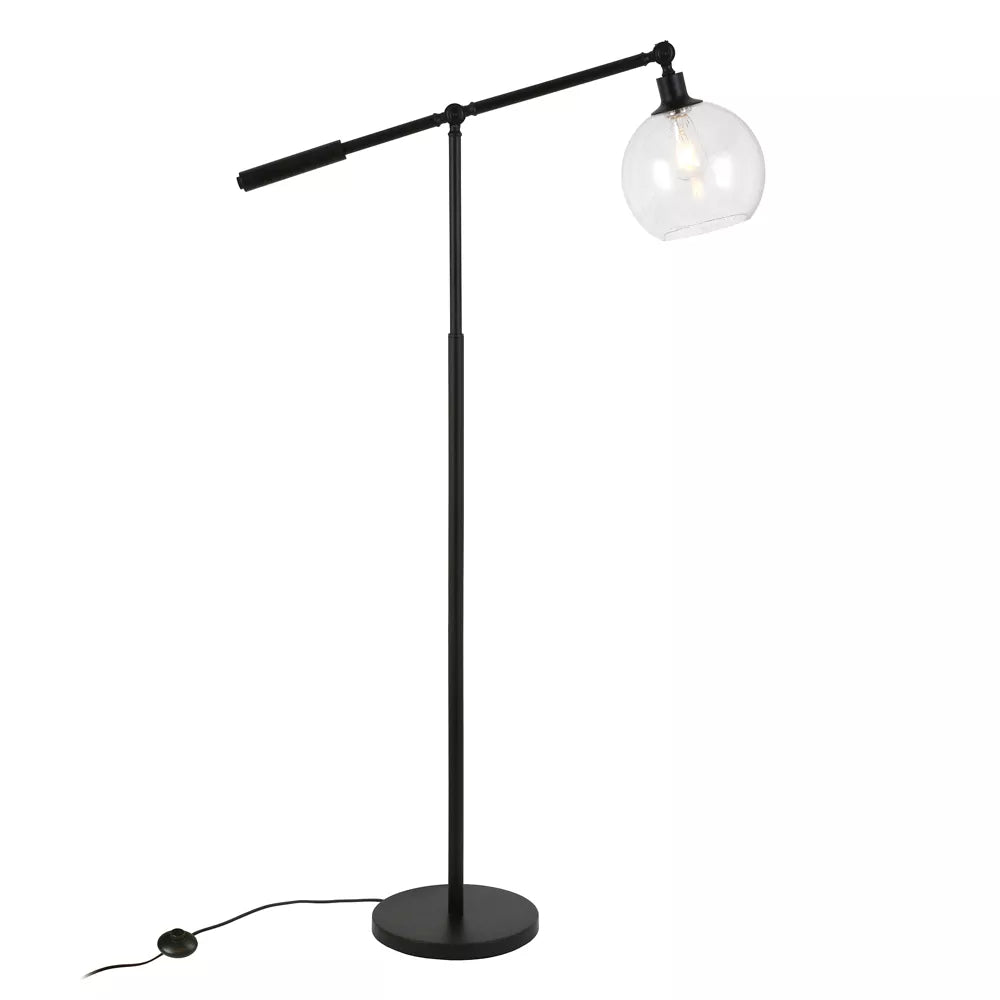 Lampa podłogowa z regulowanym ramieniem i okrągłym szklanym abażurem