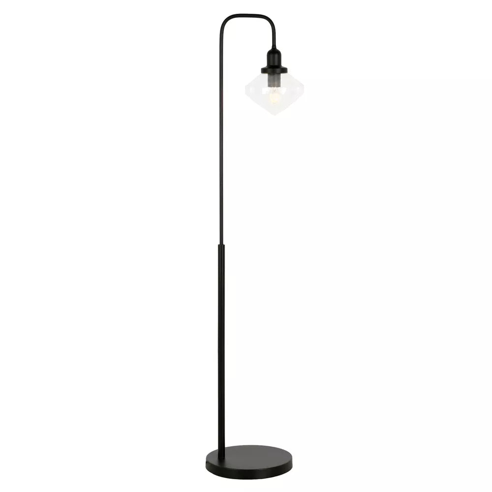 Łukowa lampa podłogowa z szklanym abażurem o oryginalnym kształcie